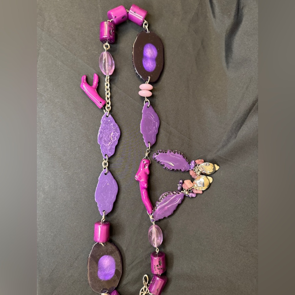 Chico’s Bundle Purple Multi Bead and Stone w/Silver Necklace and Earring Set